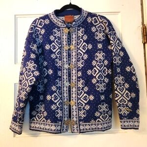 Christiania Women's Sweater Nordic Fair Isle Blue Snowflake Wool Cardigan XL EUC